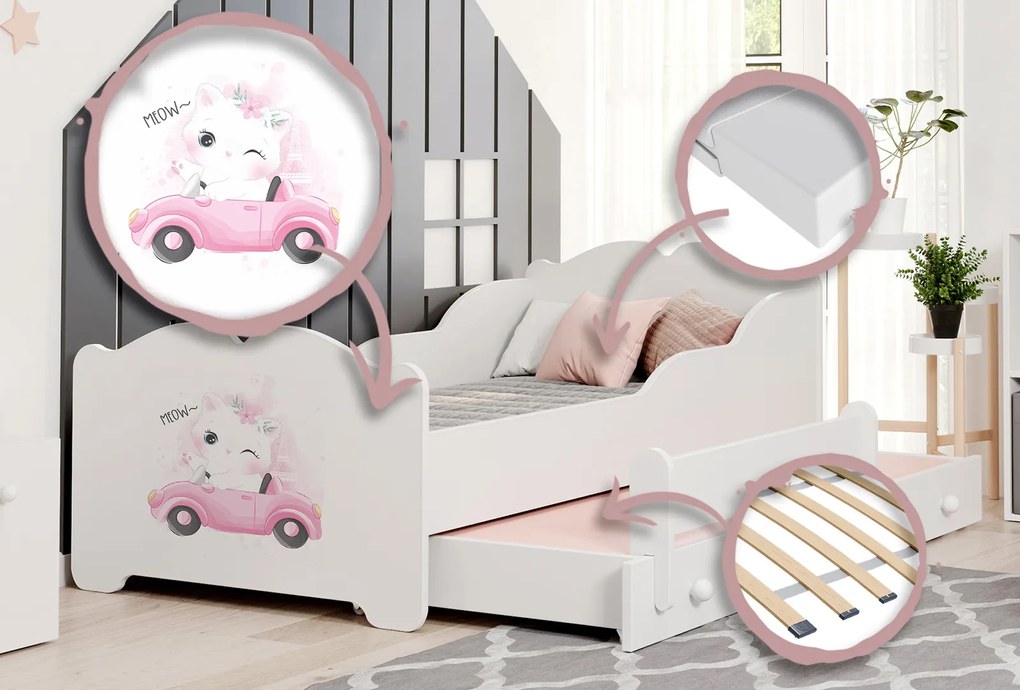 Cama dupla infantil ANNA 160x80 branca - gato - colchão e estrado incluído