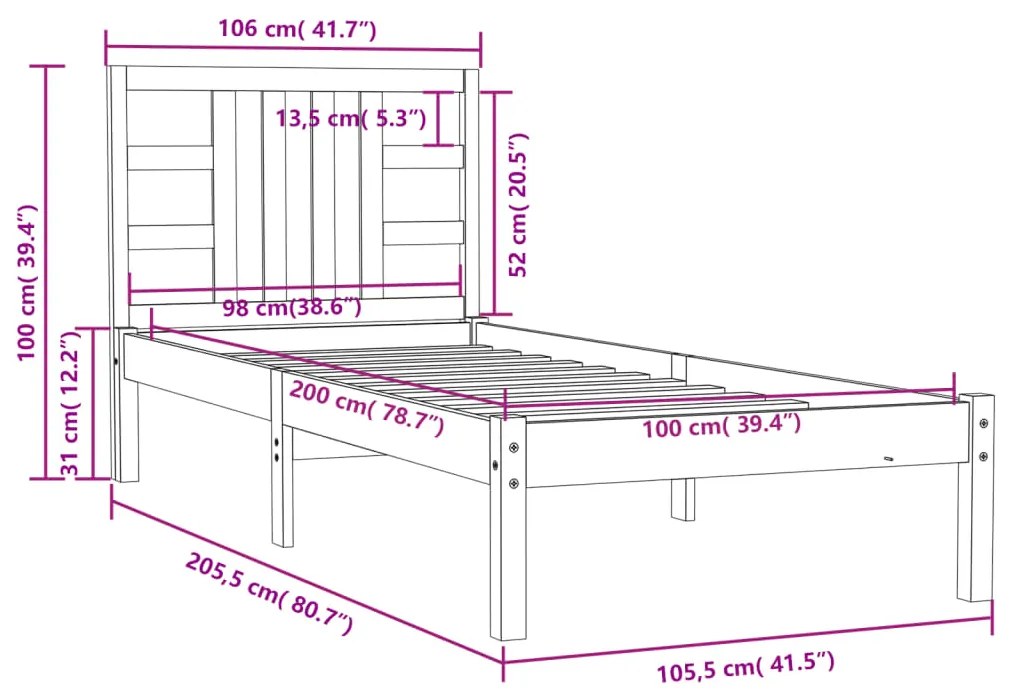 Estrutura de cama 100x200 cm madeira maciça branco