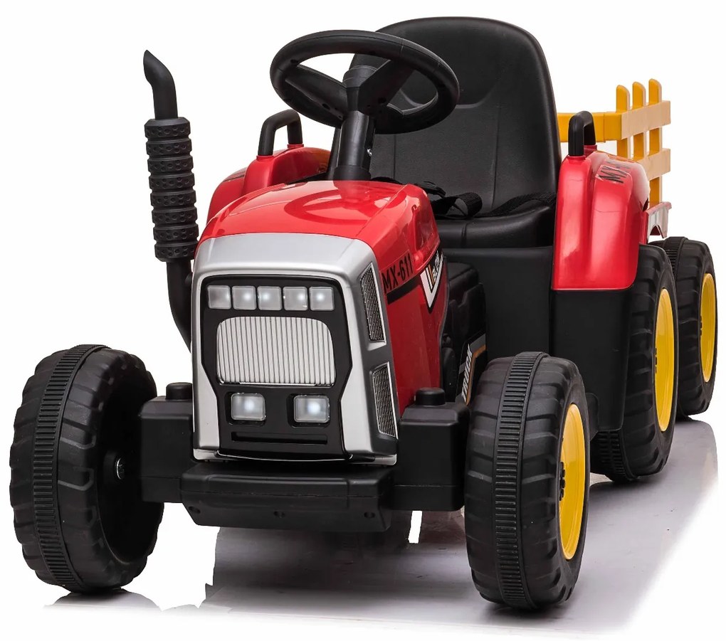 Trator elétrico WORKERS com reboque, vermelho, tração traseira, bateria 12V, rodas plásticas, assento largo de plástico, controle remoto 2,4 GHz, MP3