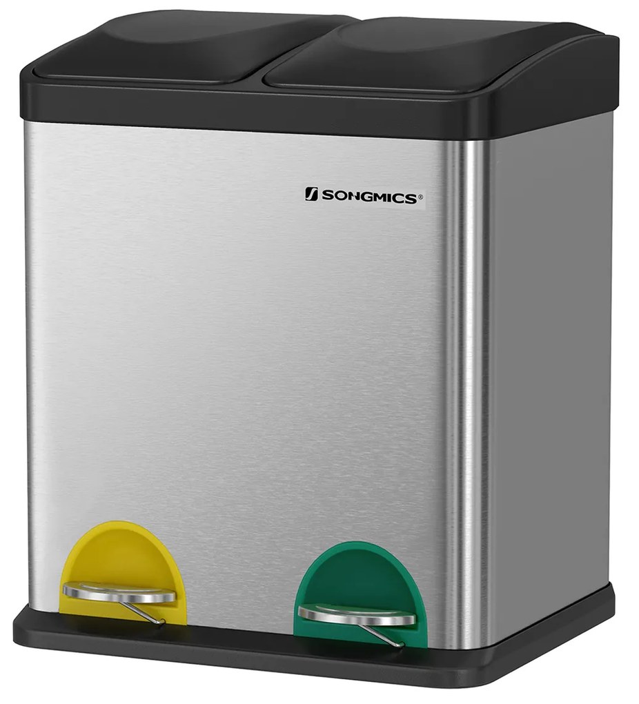 Lixeira de reciclagem SONGMICS, sistema de separação de resíduos de 30 litros, 2 lixeiras de 15 litros, com baldes internos, pedais codificados por cores, para cozinha, sala de estar, prata e preto LTB30L