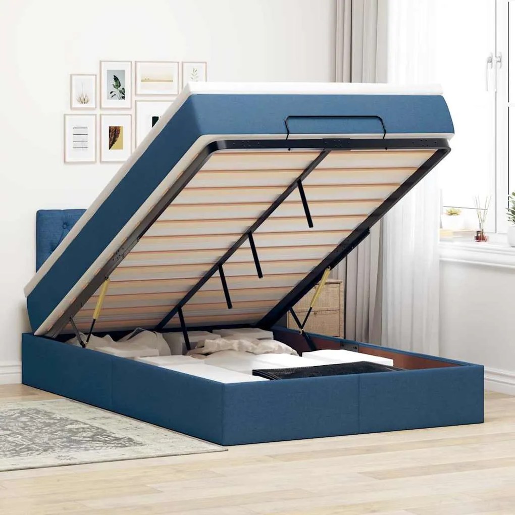Cama Otomana com Colchão & LEDs Tecido Azul 120x200 cm