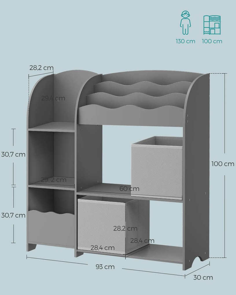 Estante para crianças com 2 caixas para brinquedos e livros 30 x 93 x 100 cm Cinzento