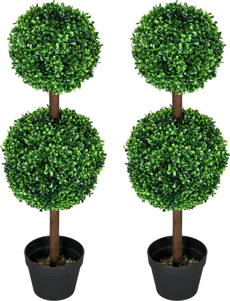 HOMCOM Conjunto de 2 árvores buxo artificial dupla bola com tronco e vaso incluídos - altura 90 cm verde | Aosom Portugal