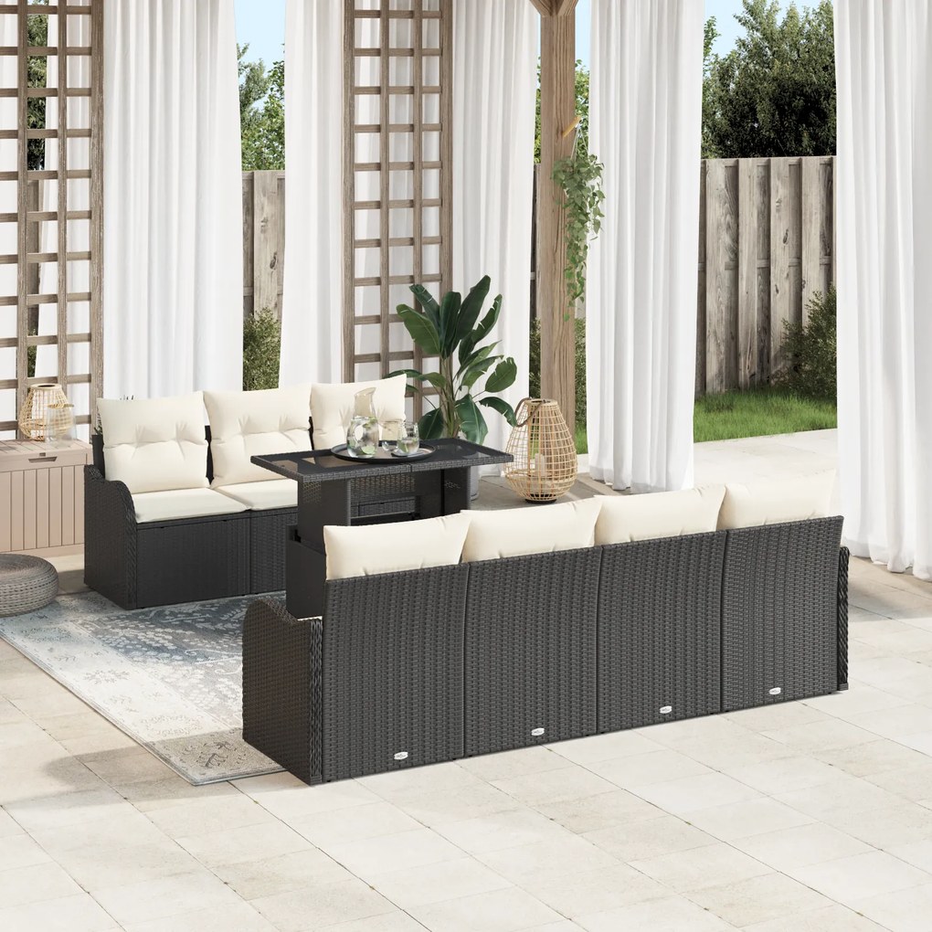 Conjunto de Sofá de Jardim de 8 Peças com Almofadas Preto Rattan Poli,