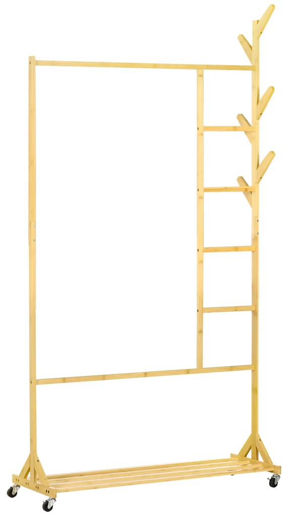 Suporte para Cabides de Bambu com Rodas Porta Cabides Multifuncional com 6 Ganchos Barra e Prateleira para Corredor Entrada Dormitório 100x37x191 cm M