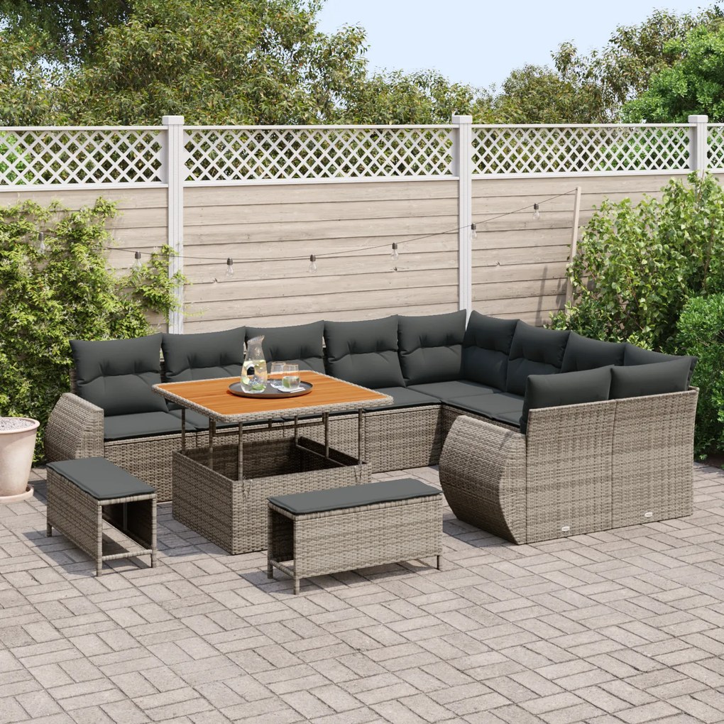 Conjunto de Sofá de Jardim vidaXL 12 Peças com Almofadas Cinza em Ratt
