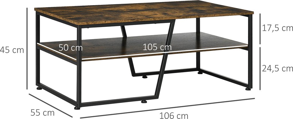 Mesa de centro retangular de estilo industrial com 1 tampo e 1 prateleira de arrumação em metal, 106 x 55 x 45 cm