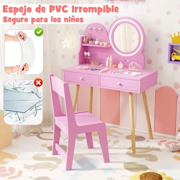 Conjunto de toucador para crianças com espelho iluminado de princesa Rosa