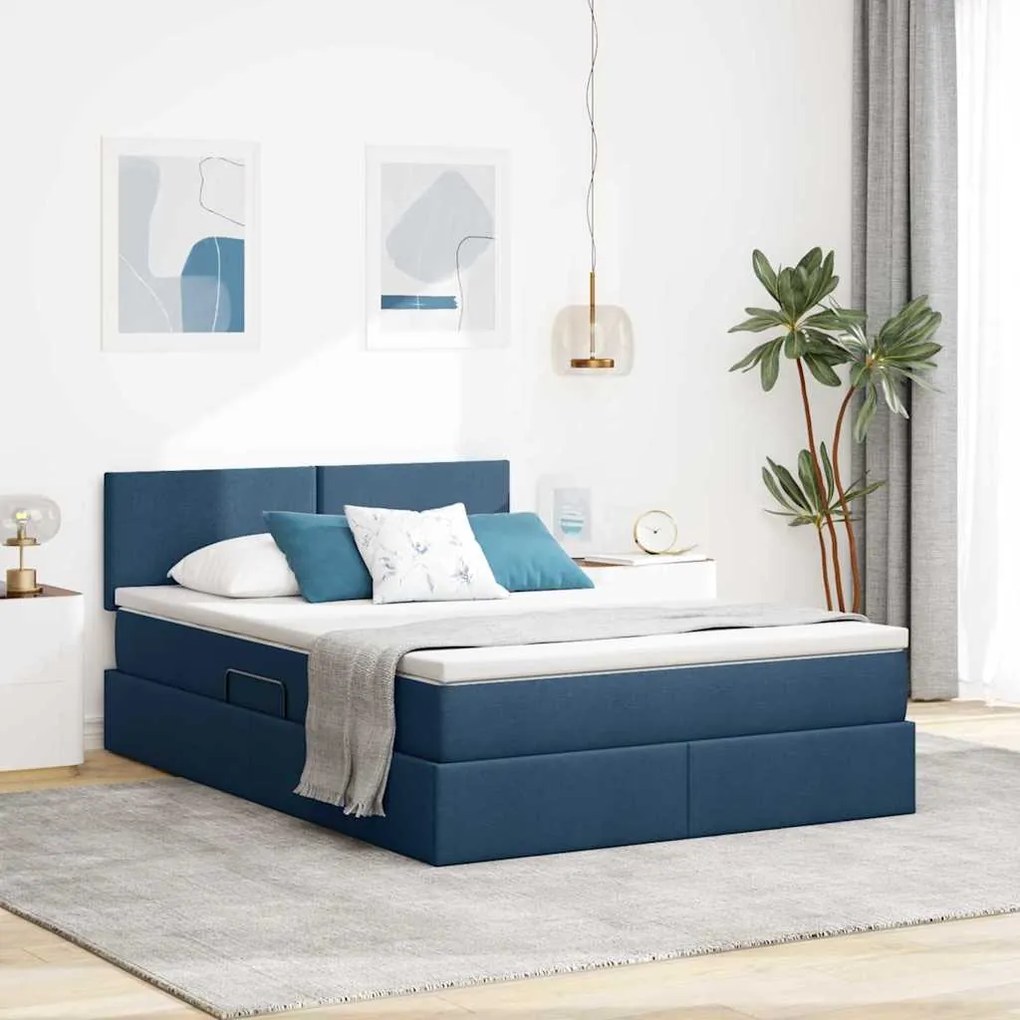 vidaXL Cama com arrumação e LED com colchão Azul 140 x 190 cm tecido