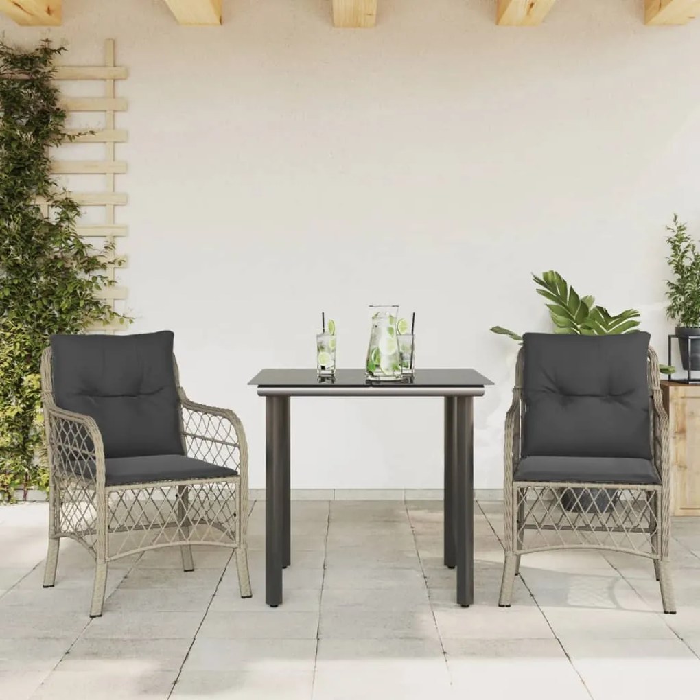 3 pcs conjunto bistrô com almofadões vime PE cinzento claro