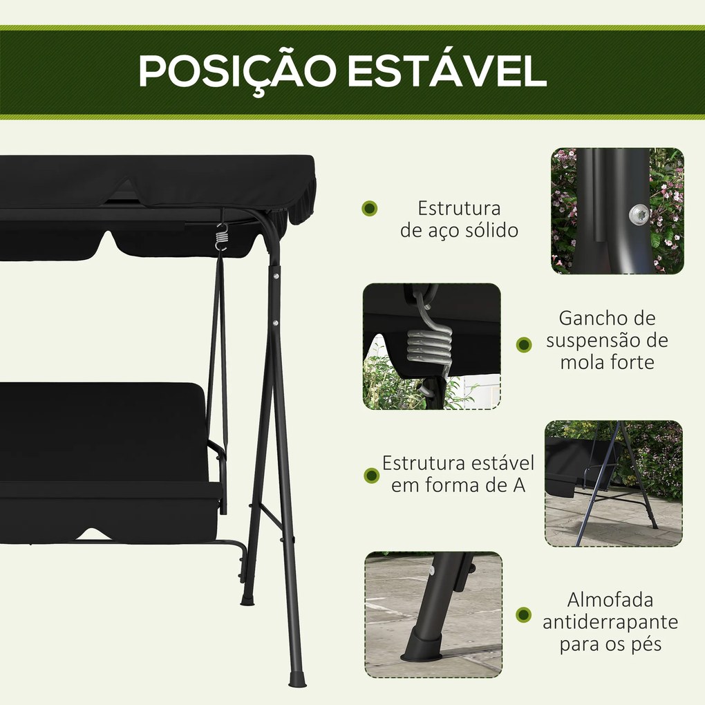 Baloiço de Jardim de 3 Lugares com Almofada Toldo Ajustável e Estrutura de Aço para Balcão Terraço 172x110x153 cm Preto