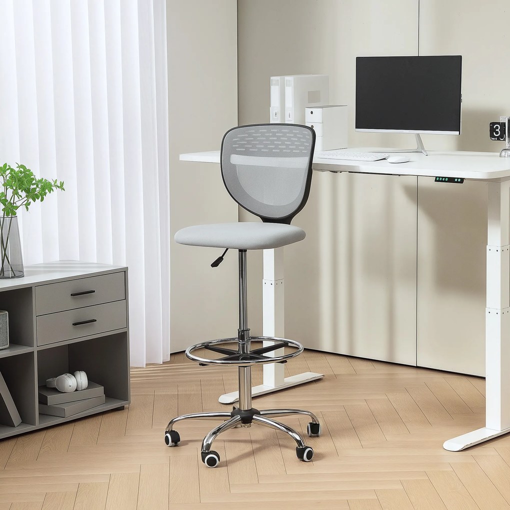 Cadeira de escritório ergonómica em malha, cadeira de desenho, altura e apoio para os pés ajustáveis, 59 x 59 x 106-126 cm, cinzenta
