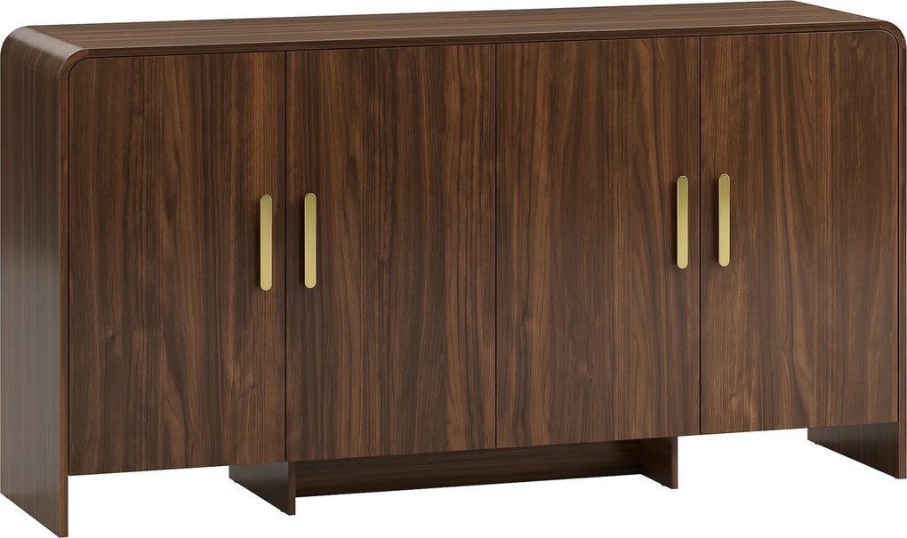 HOMCOM Aparador de sala, móvel de arrumação com 4 portas com fecho suave, 4 compartimentos e bordas arredondadas, 152x40x80cm, nogueira | Aosom Portugal