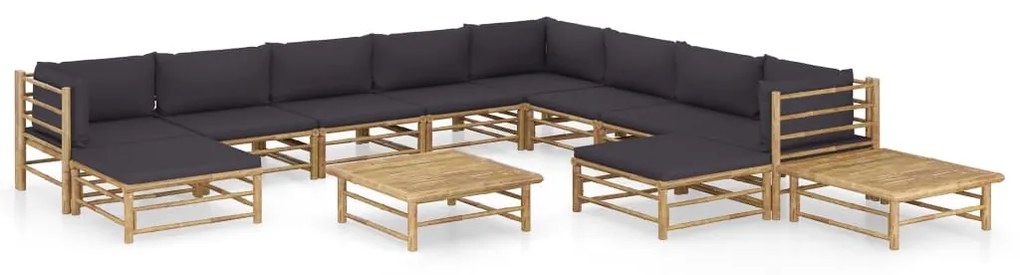 vidaXL 12 pcs conj. lounge jardim em bambu c/ almofadões cinza-escuro