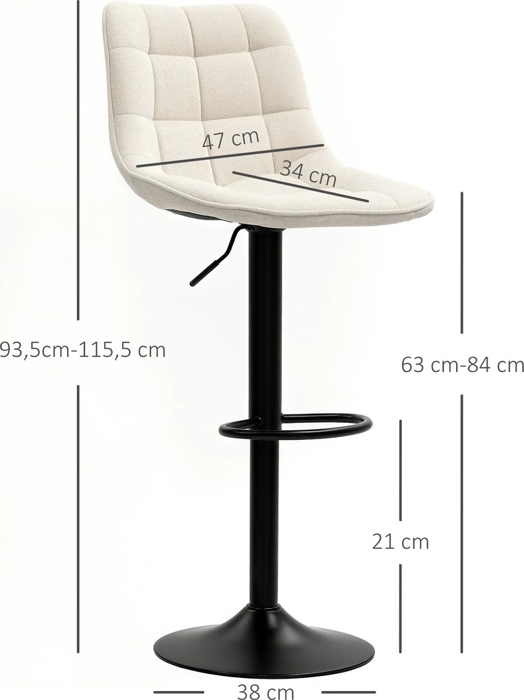 Conjunto de 2 bancos de bar, cadeiras de bar em chenille, com altura ajustável e encosto giratório a 360°, 47 x 48 x 117,5 cm, bege