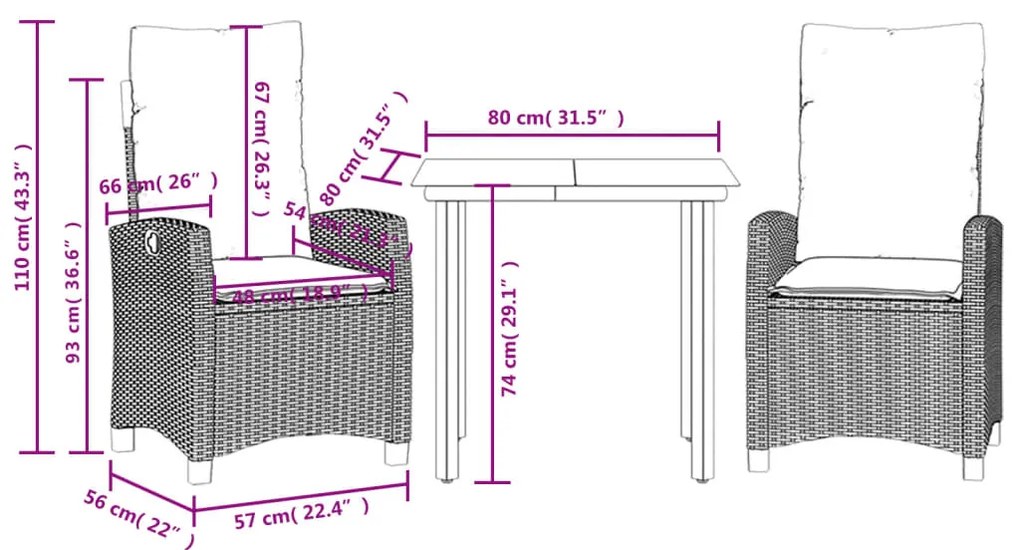 3 pcs conjunto de jantar p/ jardim com almofadões vime PE bege