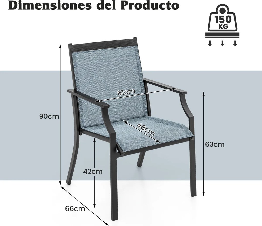 Conjunto de 2 cadeiras de jantar de jardim com assento respirável Estrutura metálica encosto alto e apoios de braços ergonómicos Azul