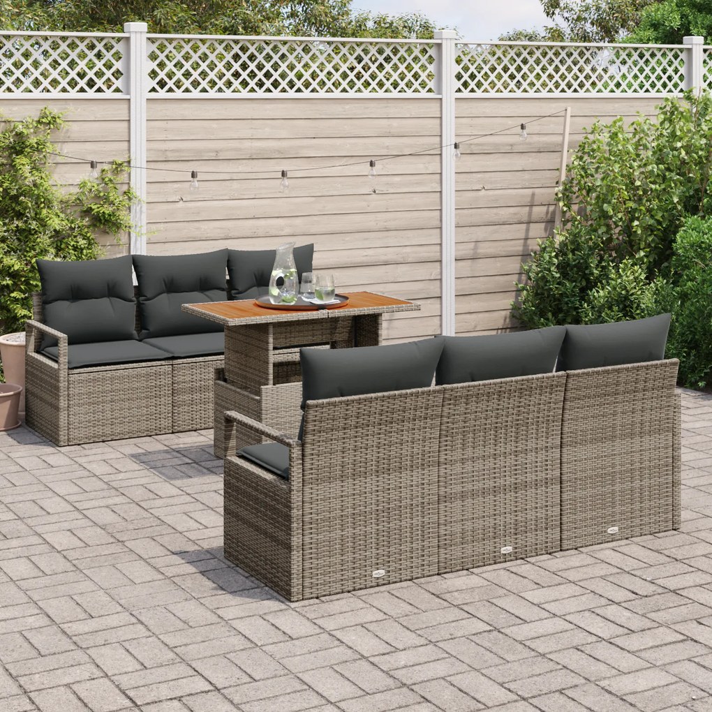Conjunto de Sofá Jardim vidaXL 7 Peças com Almofadas Cinza Rattan de P