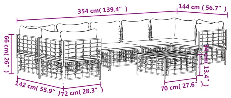 8 pcs conjunto lounge de jardim c/ almofadões vime PE antracite