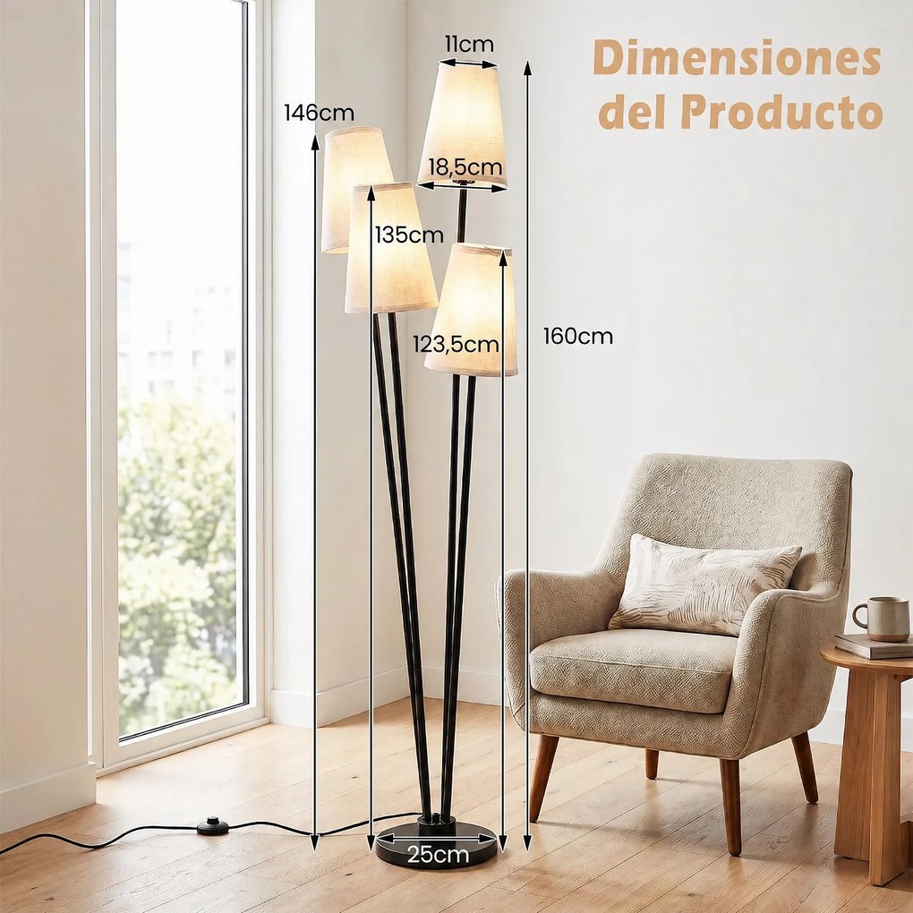 Candeeiro de Pé de 4 Luzes, 25 x 160 cm, Interruptor de Pedal, Preto+Branco