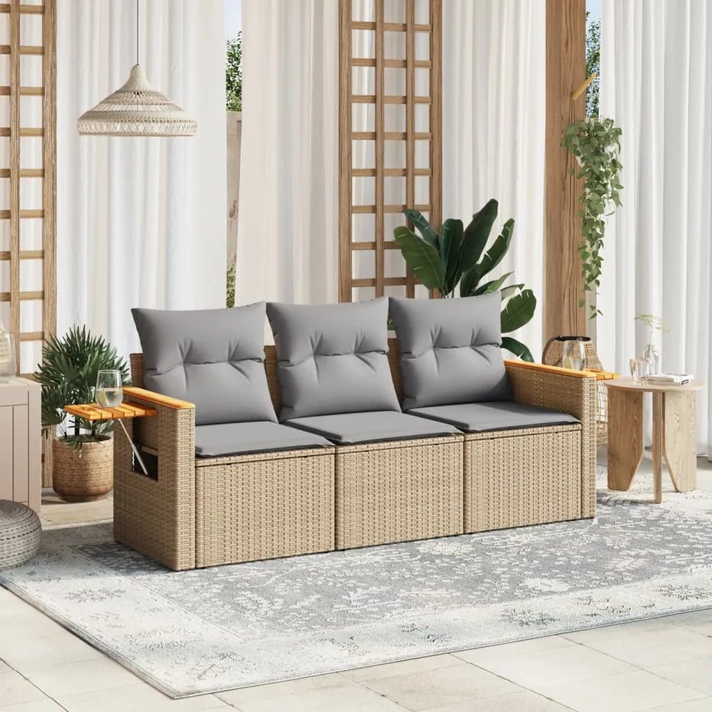 vidaXL 3 pcs conjunto de sofás p/ jardim com almofadões vime PE bege