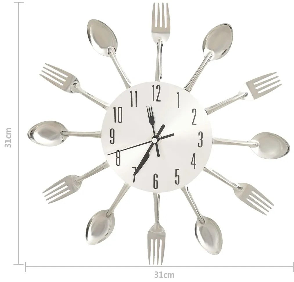 Relógio de parede design colher e garfo 31 cm alumínio prateado