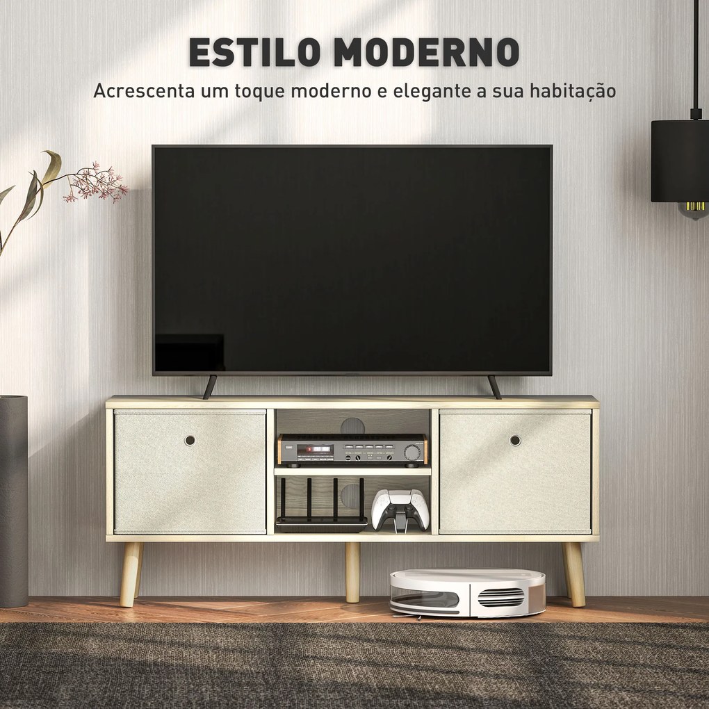 Móvel de TV para Televisores de até 50 Polegadas com 2 Gavetas de Tecido 2 Prateleiras Abertas 110x29x46,5 cm Madeira Clara e Bege