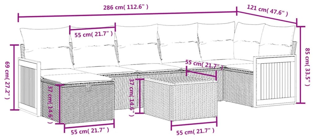 8 pcs conjunto de sofás p/ jardim com almofadões vime PE bege