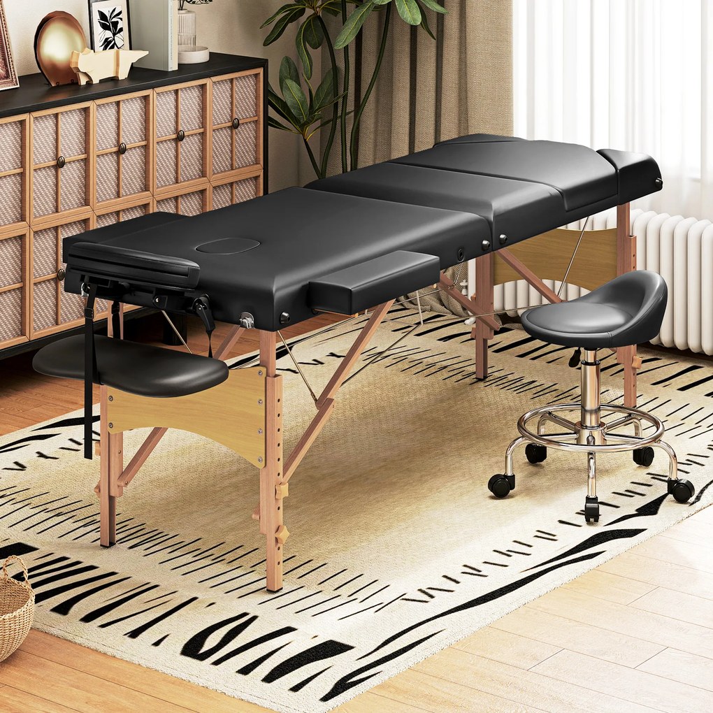 Marquesa de Massagem Dobrável Portátil com Altura Ajustável Apoio de Cabeça Apoios de Braço Acolchoados 215x60x64-89 cm Preto
