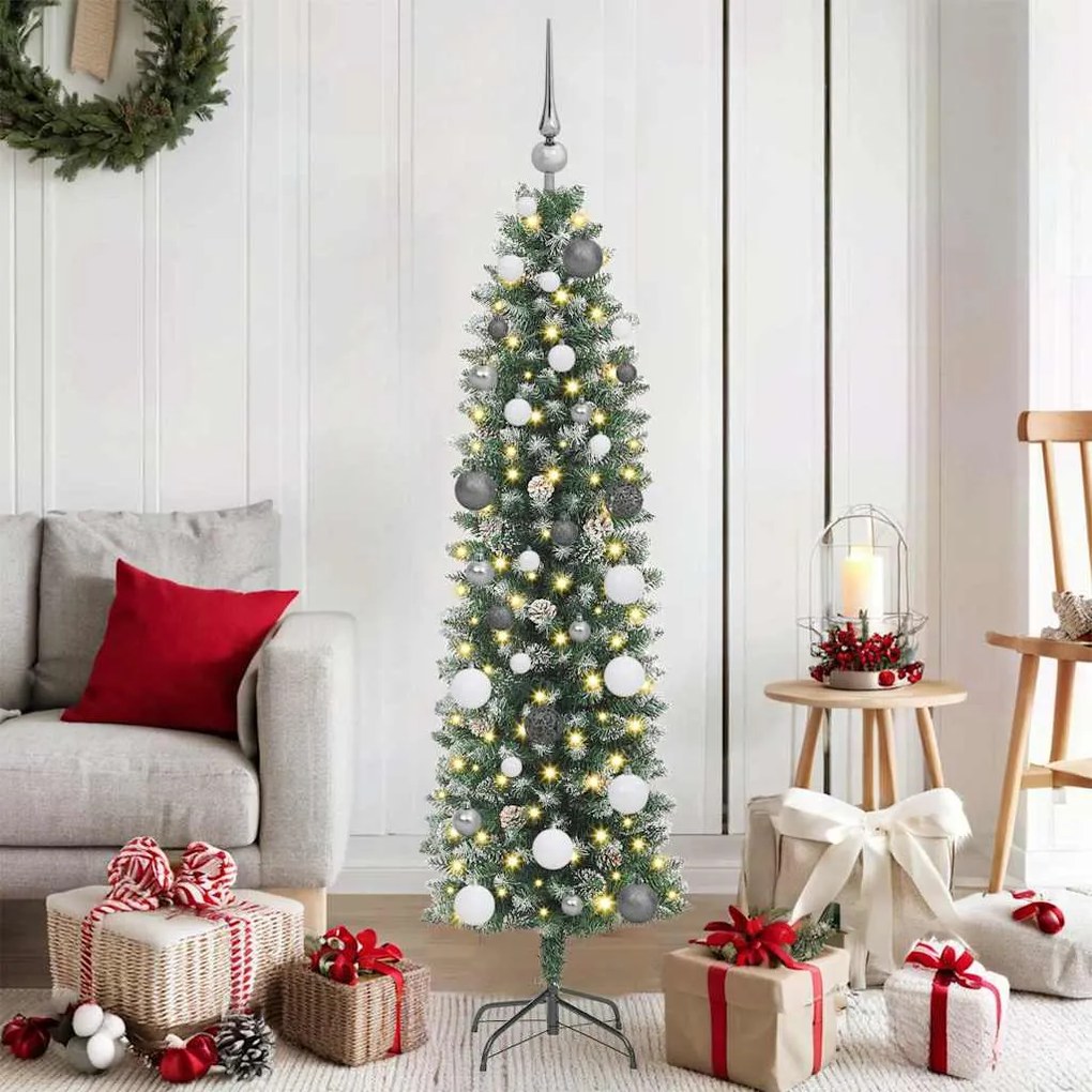 vidaXL Árvore Slim de Natal Artificial Verde e Branco 150 cm