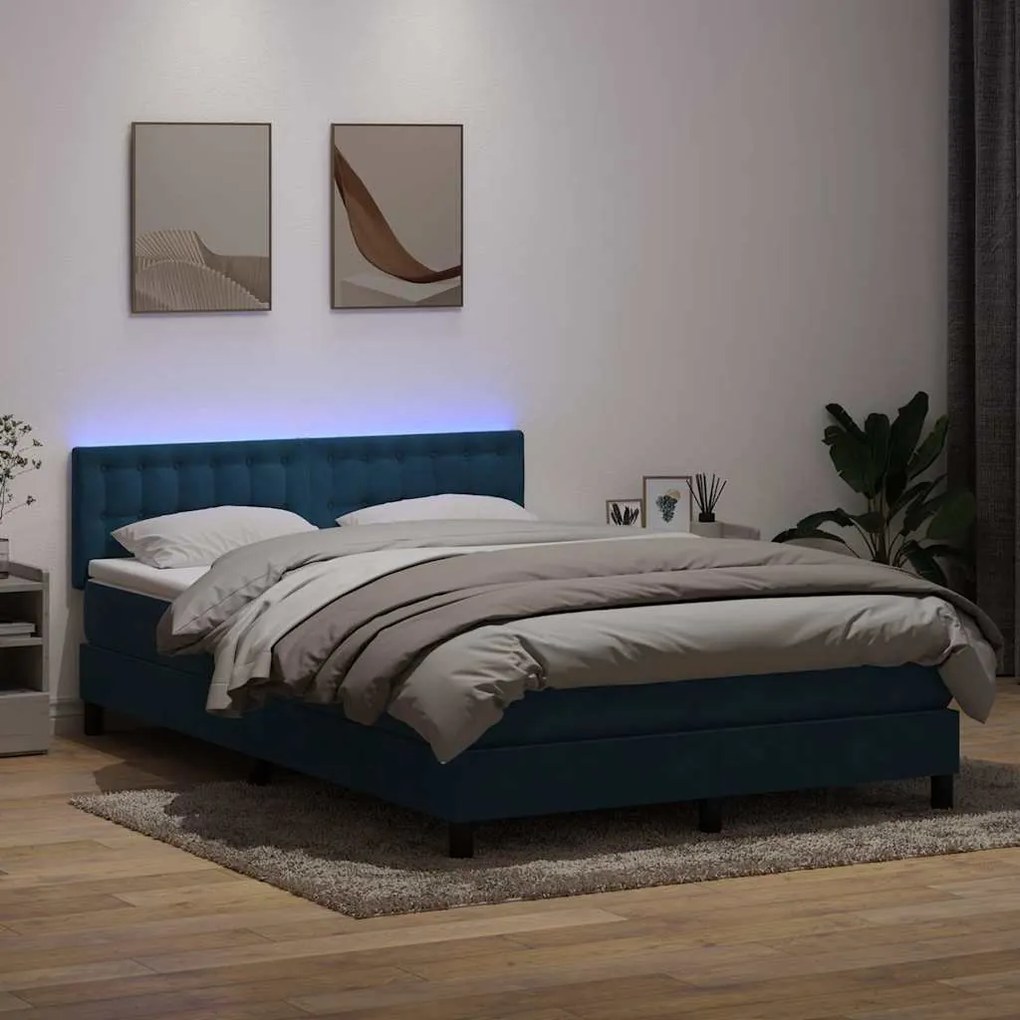 vidaXL Cama box spring c/ colchão e LED 160x220 cm veludo azul-escuro