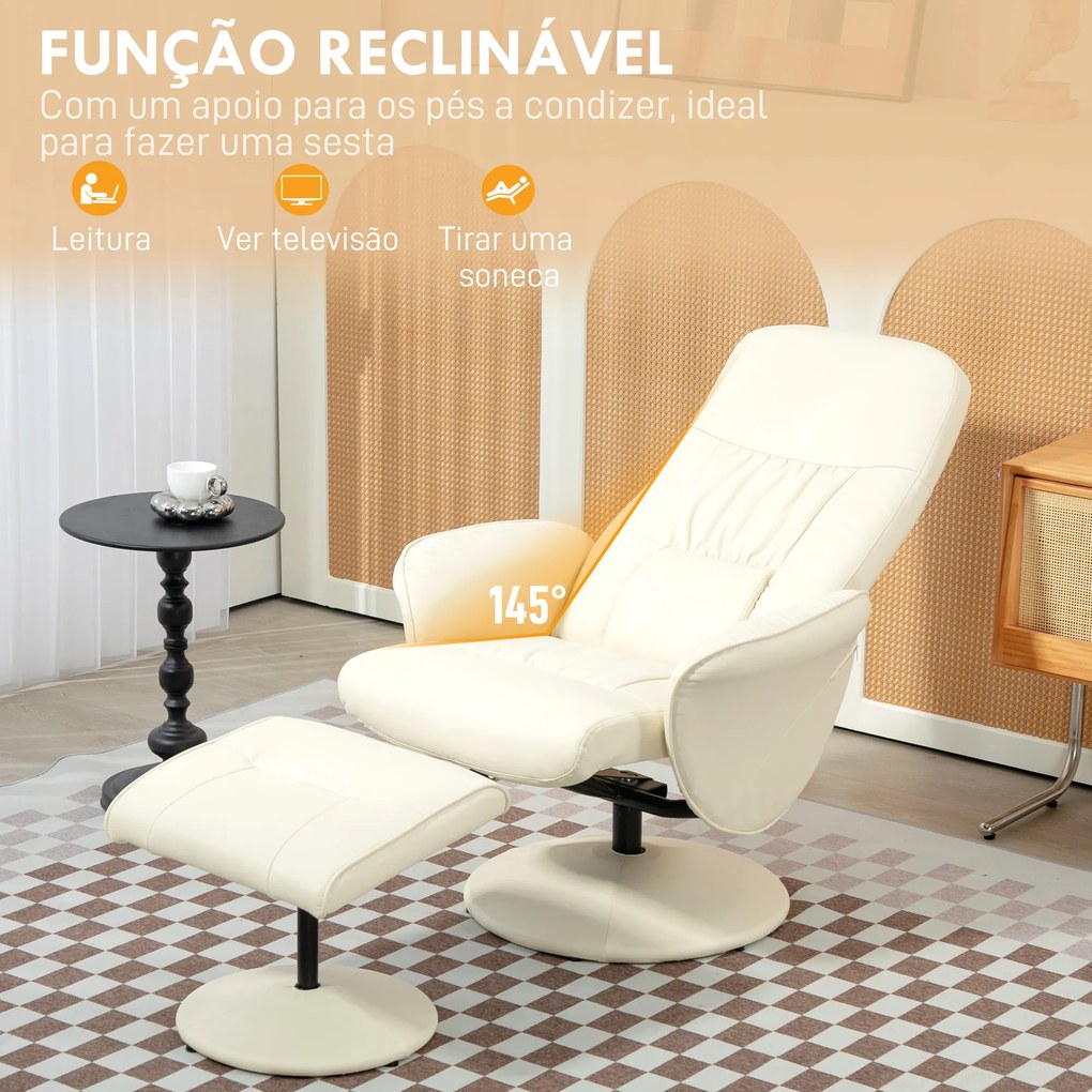 Poltrona Relax com Apoio para os Pés Estofada em PU  Reclinável até 145° e Giratório 360° com Encosto Ajustável 81x81x105cm Creme