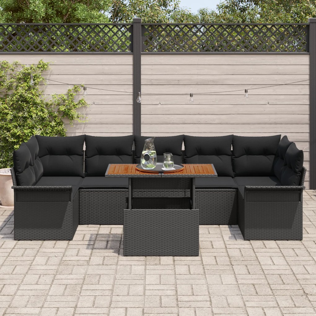 Conjunto de Sofá de Jardim vidaXL de 8 Peças com Almofadas Preto Ratta