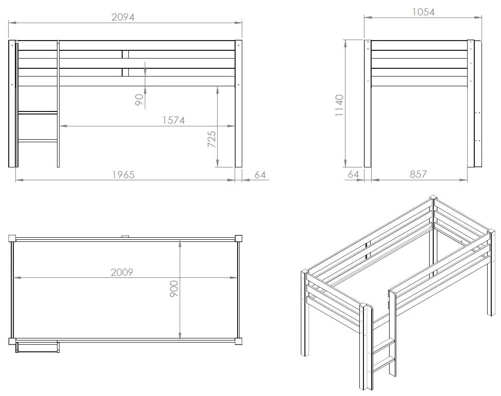 Conjunto Cama alta de Criança PINO 90 x 200 cm + estrado + escada + cortina Princesa Cinzenta