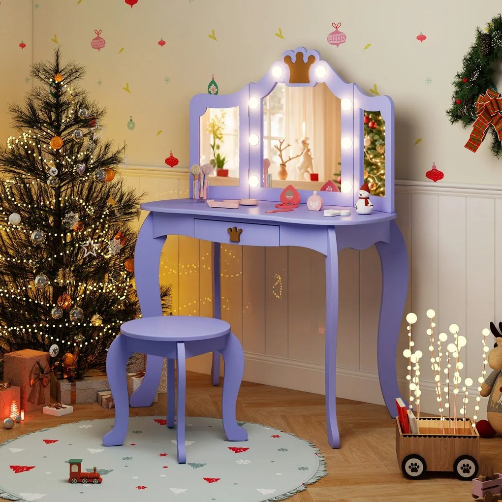 Conjunto de Toucador infantil com espelho iluminado dobrável, brilho ajustável, e cadeira de princesa, gaveta removível Púrpura