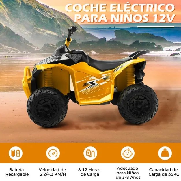 Moto 4 eléctrica para crianças com bateria de 12 V, velocidade alta/baixa, assento confortável, rodas largas, faróis, buzina, música Amarela