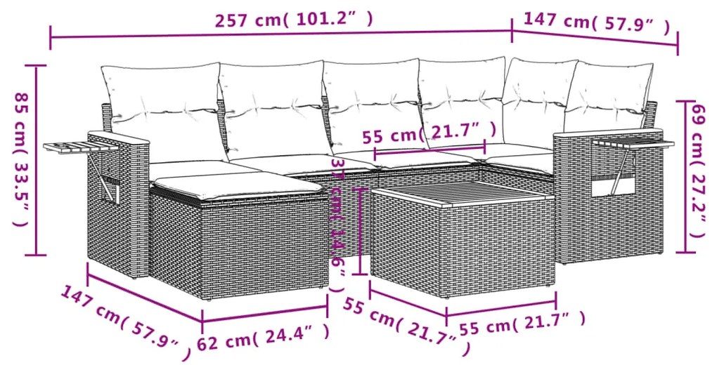 7 pcs conjunto de sofás p/ jardim com almofadões vime PE bege