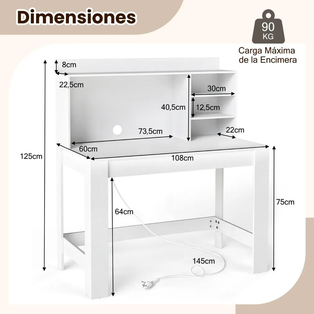 Secretária de computador 108 x 60 x 125 cm com estante com tomadas e orifício para cabos branca