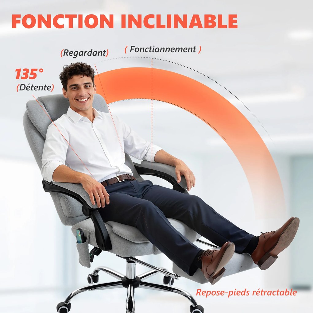 Cadeira de escritório com função de massagem e aquecimento, altura ajustável, encosto reclinável, 65x70x111-119 cm, cinzenta