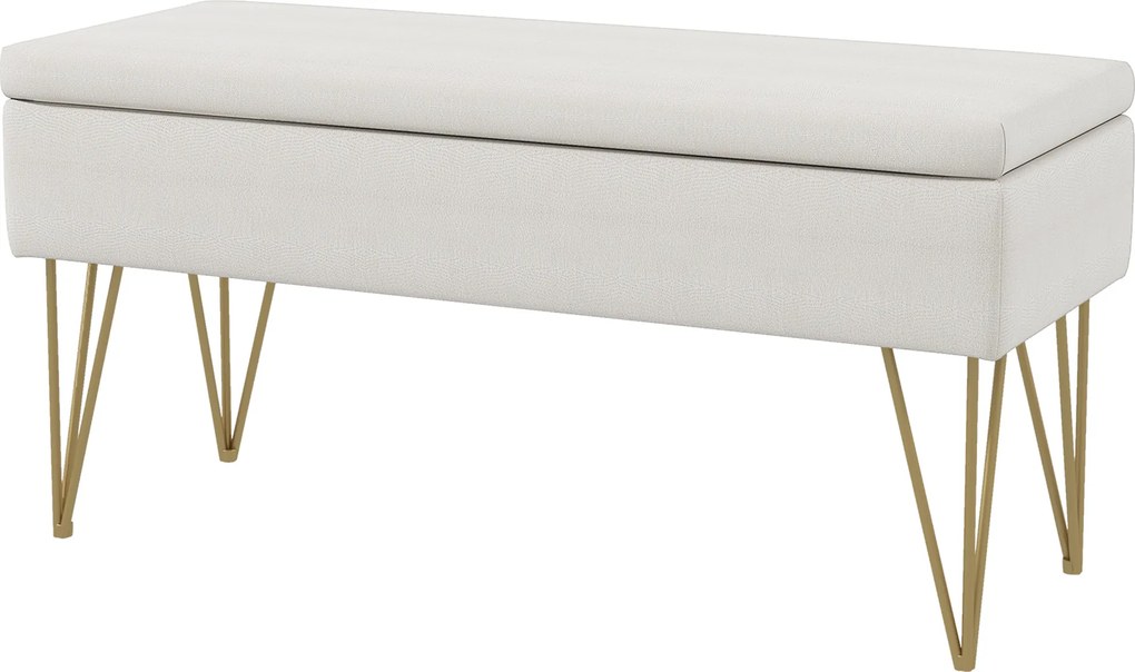 Banco com baú de arrumação 2 em 1 em tecido com pés em forma de alfinete em aço dourado 100 x 40 x 49 cm creme
