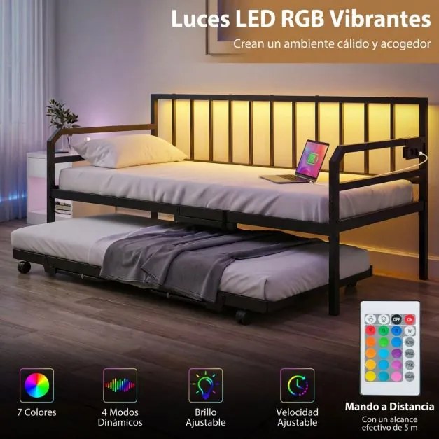 Sofá-cama individual com luzes LED205 x 90 x 96,5 cm (COLCHÕES NÃO INCLUIDOS), base metálica e cama extra extraível, estação de carregamento integrada