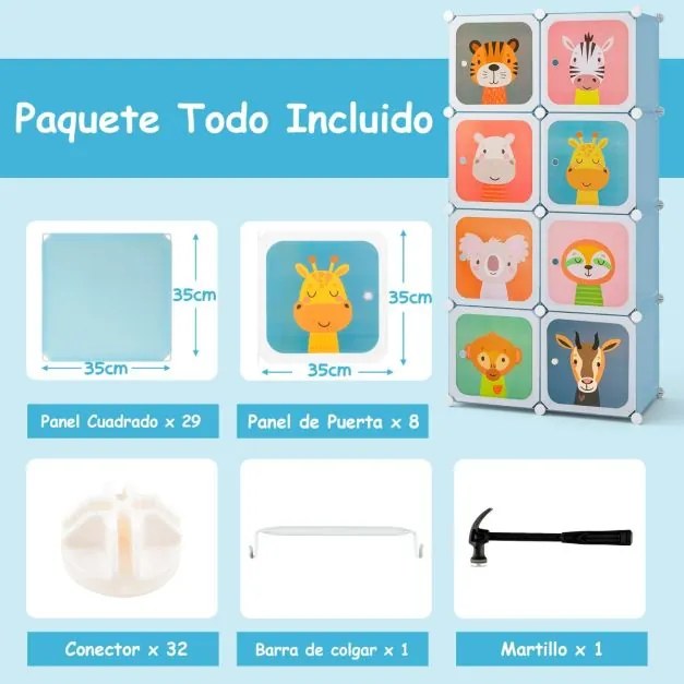 Armário infantil portátil para bebés 75 x 37 x 145 cm Plastico com 8 cubos e secção para pendurar roupas azul