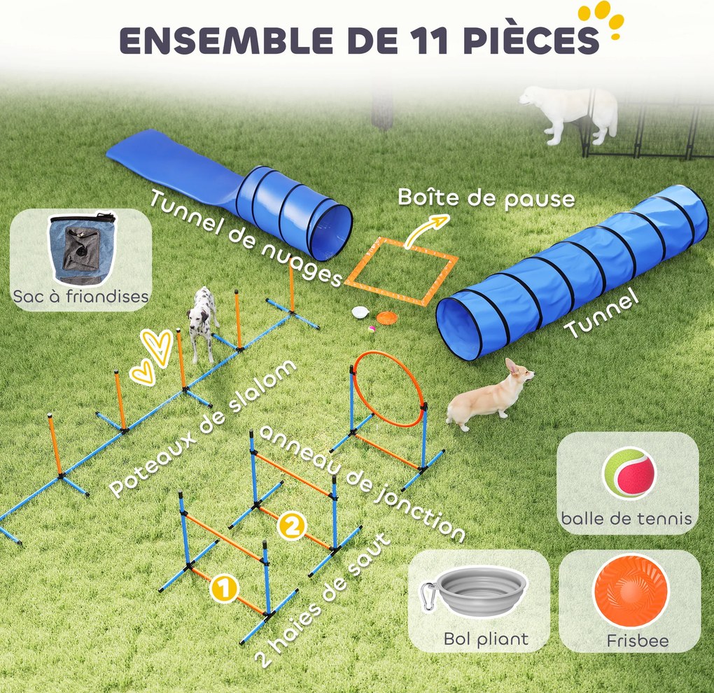 Conjunto de agilidade para cães com 11 peças, percurso de obstáculos com 2 túneis, saltos ajustáveis, laranja e azul