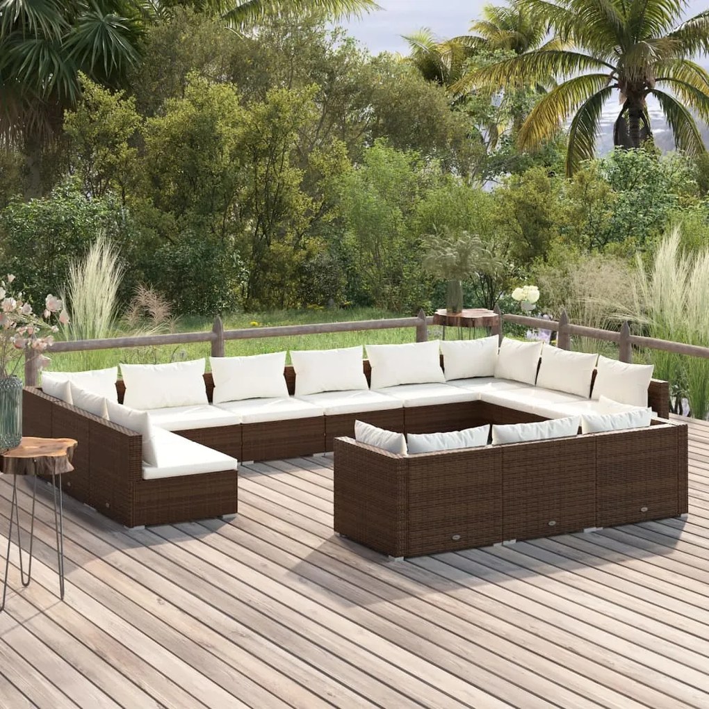 13 pcs conjunto lounge de jardim c/ almofadões vime PE castanho