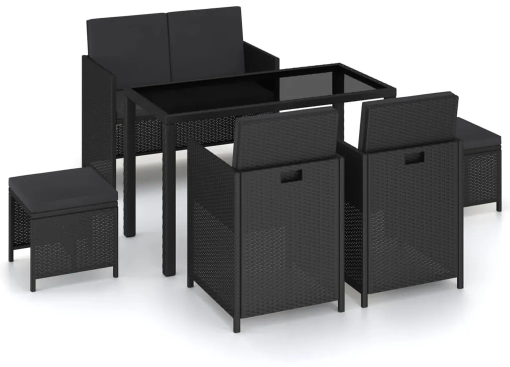 vidaXL 6 pcs conjunto jantar exterior com almofadões vime PE preto