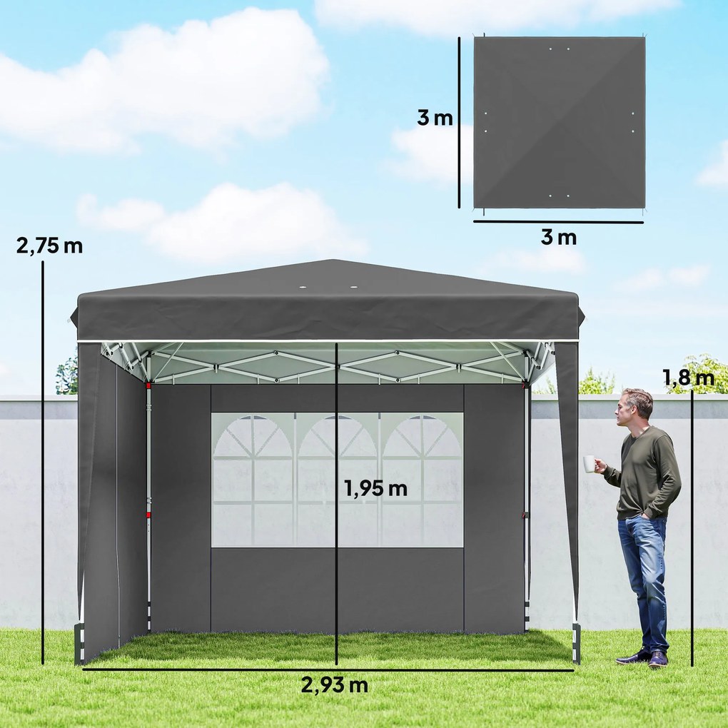 Tenda de jardim para exterior 3x3 m, tenda dobrável com paredes laterais, proteção UV 50+, saco de transporte, cinzento