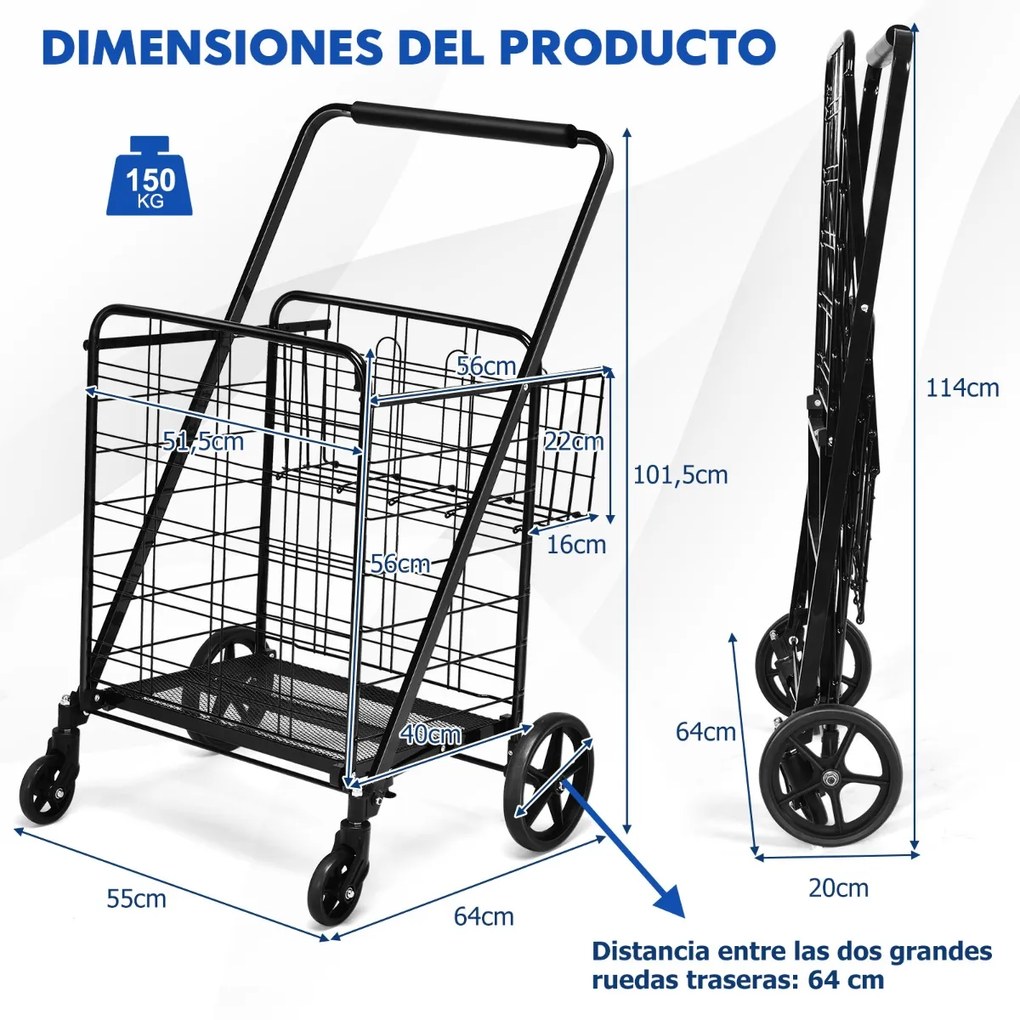 Carrinho de Compras Duplo com Cesto Duplo de Grande Capacidade e Rodas Giratórias 360° Carga 150 kg Preto