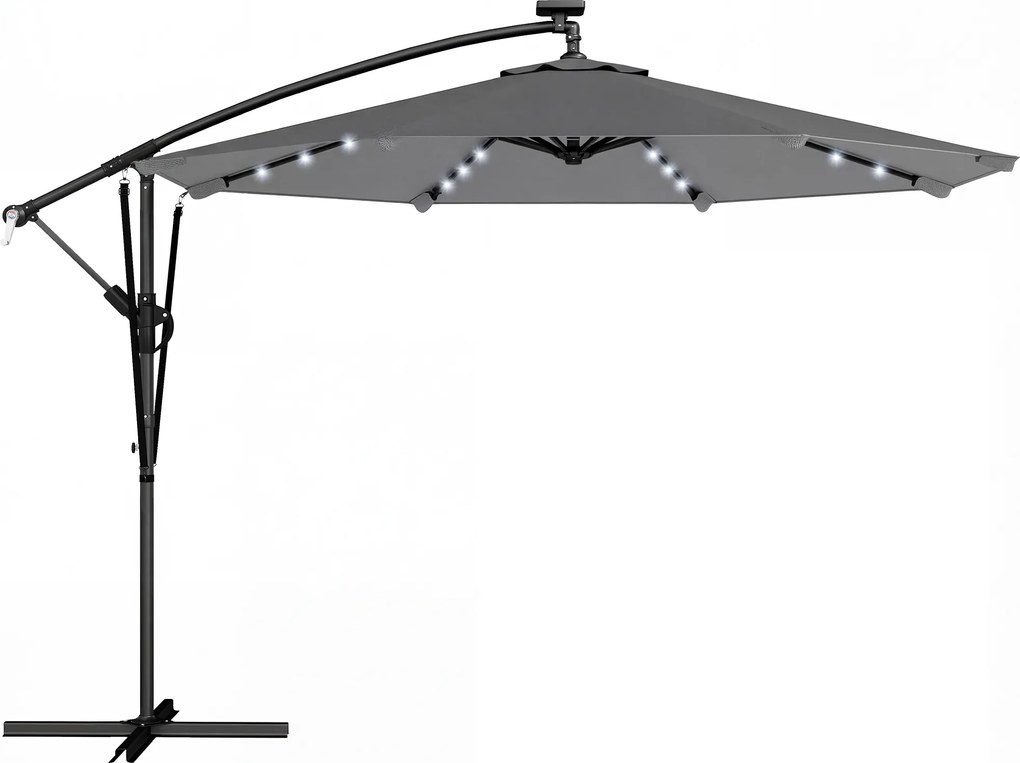 Outsunny Chapéu de Sol Excêntrico com Luzes LED Solares 330x295 cm Chapéu de Sol para Jardim com Base Cruzada Manivela Capa Protetora Cinzento Escuro | Aosom Portugal