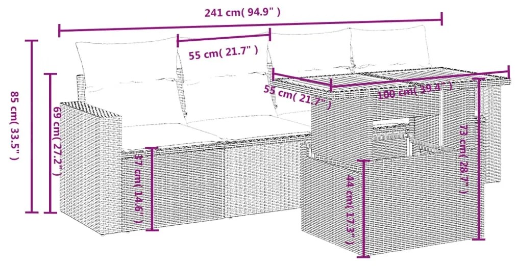 5 pcs conjunto sofás de jardim com almofadões vime PE preto