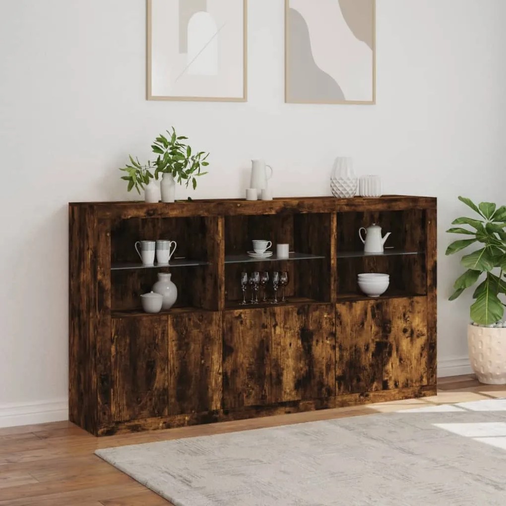 Aparador com luzes LED 181,5x37x100 cm carvalho fumado